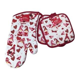 Gnome and Hearts Oven Mitt and Potholder Set Red White Cotton Valentine 3-Pc NWT